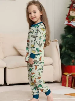 Pyjama imprimé animal col rond manches longues poignets ensemble 2 pièces