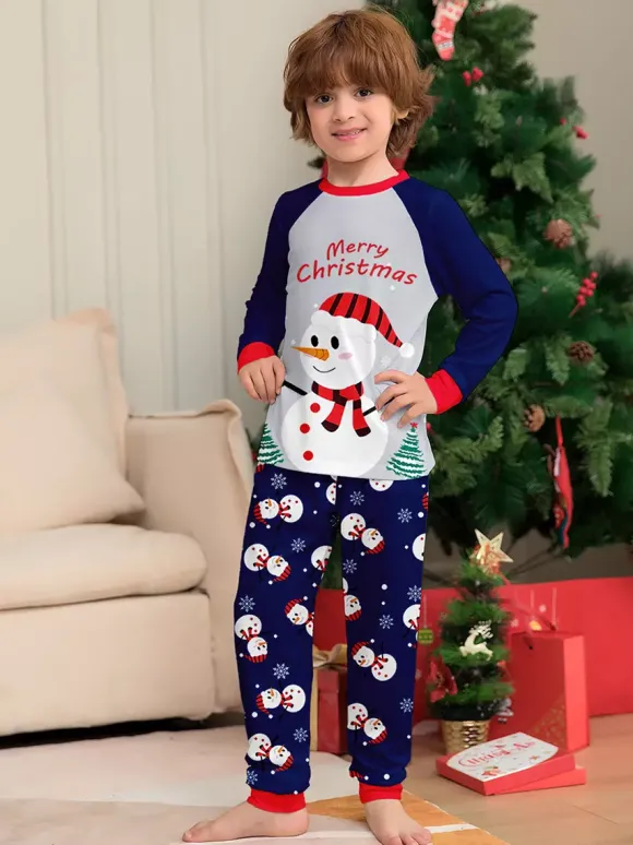 Pyjamas de Noël bleu marine à motif bonhomme de neige et bordure rouge collection 2026