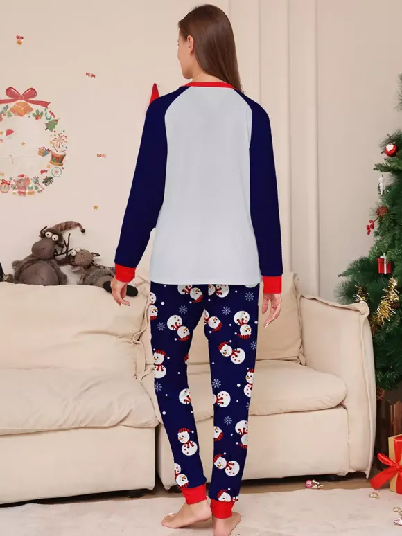 Pyjamas de Noël bleu marine à motif bonhomme de neige et bordure rouge collection 2026