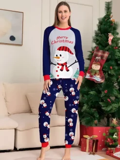 Pyjamas de Noël bleu marine à motif bonhomme de neige et bordure rouge collection 2026