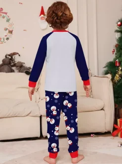 Pyjamas de Noël bleu marine à motif bonhomme de neige et bordure rouge collection 2026