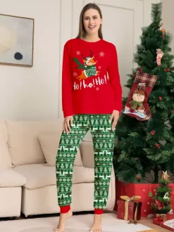 Pyjamas de Noël familiaux à motif Fair Isle rouge et vert avec des rennes (collection 2026)