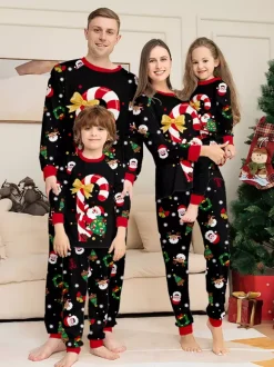 Pyjamas de Noël noirs et rouges pour toute la famille imprimé canne de Noël et Père Noël collection 2026