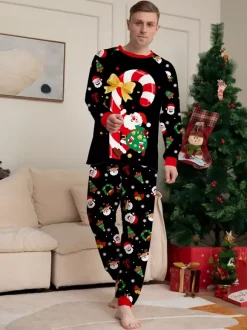 Pyjamas de Noël noirs et rouges pour toute la famille imprimé canne de Noël et Père Noël collection 2026