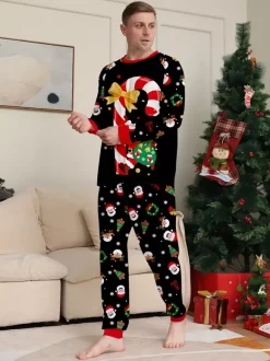 Pyjamas de Noël noirs et rouges pour toute la famille imprimé canne de Noël et Père Noël collection 2026