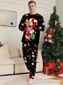 Pyjamas de Noël noirs et rouges pour toute la famille imprimé canne de Noël et Père Noël collection 2026