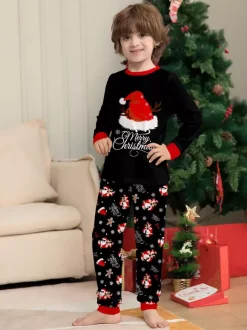 Pyjamas de Noël familiaux 2026 à imprimé pain d'épice et bonnet de Père Noël noir et rouge