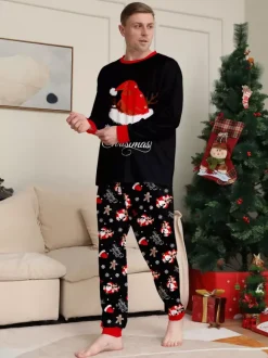 Pyjamas de Noël familiaux 2026 à imprimé pain d'épice et bonnet de Père Noël noir et rouge