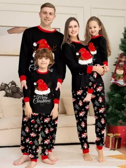 Pyjamas de Noël familiaux 2026 à imprimé pain d'épice et bonnet de Père Noël noir et rouge