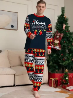 Pyjamas de Noël familiaux à motifs Fair Isle bleu marine rouge et vert collection 2026