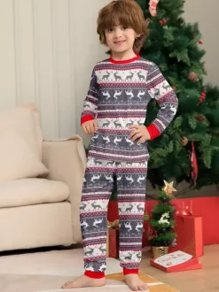 Pyjamas de Noël familiaux à motif Fair Isle de rennes gris avec bordure rouge 2026