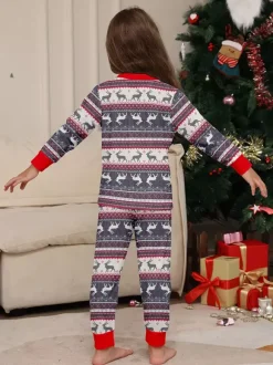 Pyjamas de Noël familiaux à motif Fair Isle de rennes gris avec bordure rouge 2026