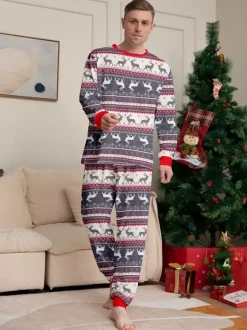 Pyjamas de Noël familiaux à motif Fair Isle de rennes gris avec bordure rouge 2026
