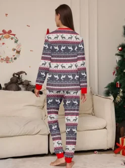 Pyjamas de Noël familiaux à motif Fair Isle de rennes gris avec bordure rouge 2026