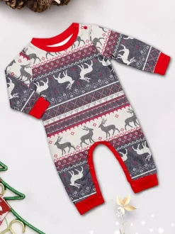 Pyjamas de Noël familiaux à motif Fair Isle de rennes gris avec bordure rouge 2026