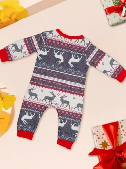Pyjamas de Noël familiaux à motif Fair Isle de rennes gris avec bordure rouge 2026