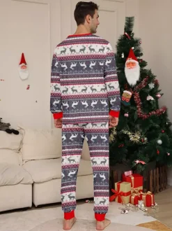 Pyjamas de Noël familiaux à motif Fair Isle de rennes gris avec bordure rouge 2026