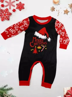 Pyjamas de Noël noirs et rouges pour toute la famille avec haut bonnet de Père Noël et pantalon Ho Ho Ho (collection 2026)
