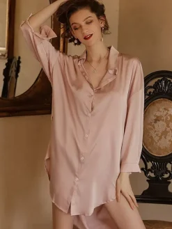 Pyjamas robes de nuit blanches dos nu lingerie rose poudré en satin chemise de nuit