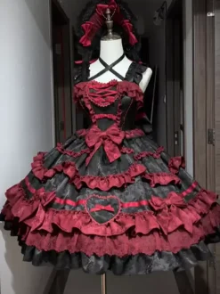 rentrée scolaireRobe gothique Lolita rouge noire à manches courtes avec n艙uds et volants style kawaii