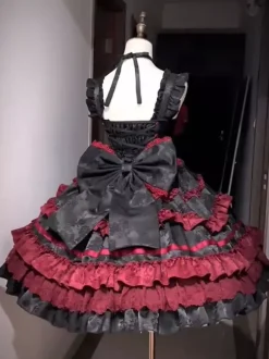 rentrée scolaireRobe gothique Lolita rouge noire à manches courtes avec n艙uds et volants style kawaii