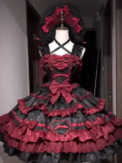 rentrée scolaireRobe gothique Lolita rouge noire à manches courtes avec n艙uds et volants style kawaii