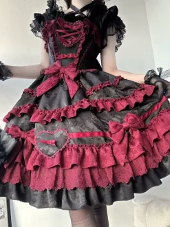 rentrée scolaireRobe gothique Lolita rouge noire à manches courtes avec n艙uds et volants style kawaii