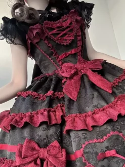 rentrée scolaireRobe gothique Lolita rouge noire à manches courtes avec n艙uds et volants style kawaii