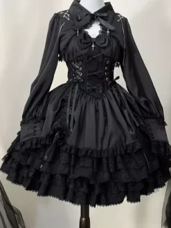 rentrée scolaireRobe gothique Lolita noire sans manches JSK avec n艙uds et volants style kawaii