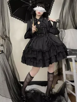 rentrée scolaireRobe gothique Lolita noire sans manches JSK avec n艙uds et volants style kawaii