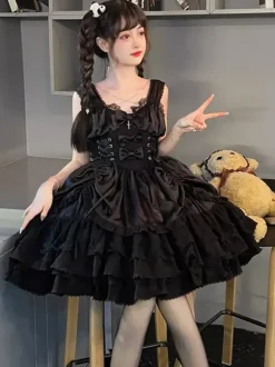 rentrée scolaireRobe gothique Lolita noire sans manches JSK avec n艙uds et volants style kawaii