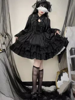 rentrée scolaireRobe gothique Lolita noire sans manches JSK avec n艙uds et volants style kawaii