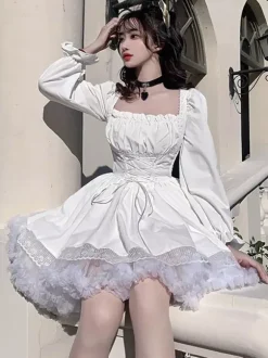 rentrée scolaireRobes Lolita Gothiques Lacets Dentelle Blanc Manches Longues Col Carré
