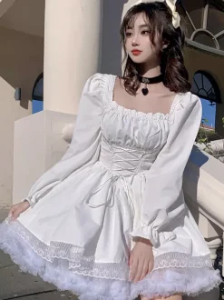 rentrée scolaireRobes Lolita Gothiques Lacets Dentelle Blanc Manches Longues Col Carré