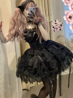 rentrée scolaireGothique Lolita Robes Dentelle Sans Manches Noir Lolita Gothique