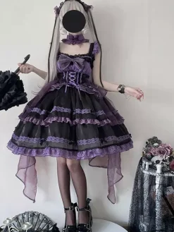 rentrée scolaireRobe Lolita gothique à lacets et n艙uds couleur unie bordure en dentelle