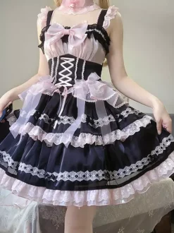 rentrée scolaireRobe Lolita gothique à lacets et n艙uds couleur unie bordure en dentelle