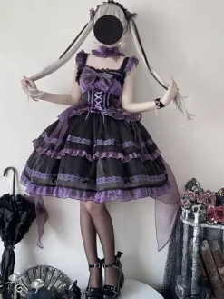 rentrée scolaireRobe Lolita gothique à lacets et n艙uds couleur unie bordure en dentelle