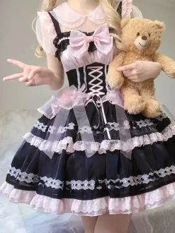 rentrée scolaireRobe Lolita gothique à lacets et n艙uds couleur unie bordure en dentelle