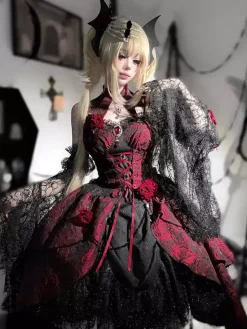 rentrée scolaireRobes gothiques Lolita en dentelle et fleurs jacquard bordeaux noir rouge JSK