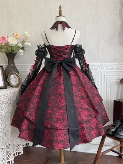 rentrée scolaireRobes gothiques Lolita en dentelle et fleurs jacquard bordeaux noir rouge JSK