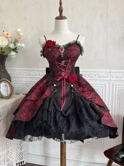 rentrée scolaireRobes gothiques Lolita en dentelle et fleurs jacquard bordeaux noir rouge JSK