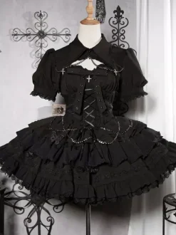 Robe à bretelles gothique Lolita et cache-couche ensemble deux pièces bordure en dentelle manches courtes robe courte bouffante superposée