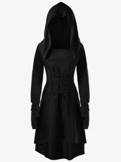 Robe à capuche pour femme style Renaissance à lacets style vintage haut et bas longue style médiéval gothique