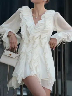 Robe à volants abricot mini-robe à col en V et manches longues pour femmes 2026