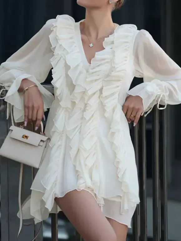 Robe à volants abricot mini-robe à col en V et manches longues pour femmes 2026