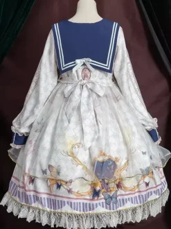 Robe académique Lolita OP bleu manches longues dentelle volante Douce Lolita robe Chic