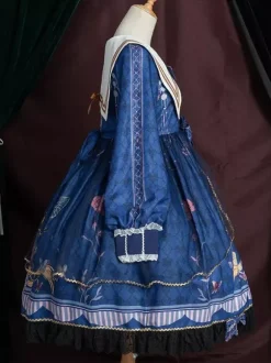 Robe académique Lolita OP bleu manches longues dentelle volante Douce Lolita robe Chic