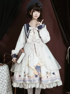 Robe académique Lolita OP bleu manches longues dentelle volante Douce Lolita robe Chic