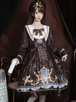 Robe académique Lolita OP bleu manches longues dentelle volante Douce Lolita robe Chic
